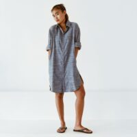 Blouse – jurk – gerecycled viscose en linnen – navy / wit melange - Afbeelding 5